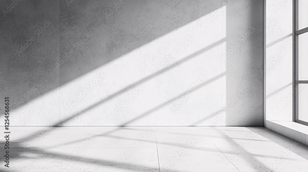 Poster sunlight casting shadows on a white wall and floor in a modern empty room with large window