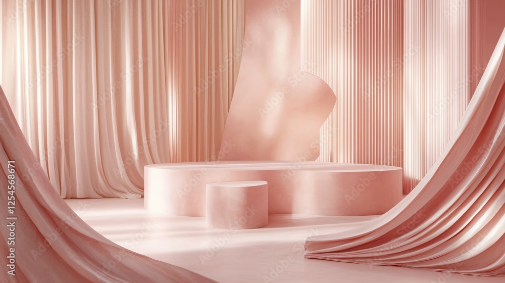 Aufkleber Elegant peach studio scene with draped fabric and geometric shapes for product presentation