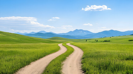 Obraz premium Winding dirt road through lush green hills under a vibrant blue sky. Possible use nature travel stock photo