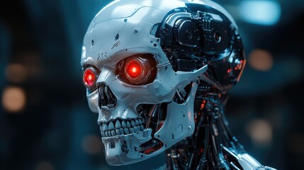 Futuristic robotic skull with glowing red eyes, set in a high-tech environment with blurred machinery