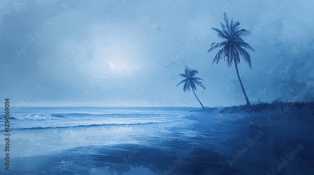 Aufkleber Serene blue beach scene with palm trees and gentle waves creating a tranquil atmosphere
