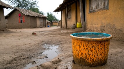 Naklejka premium Rural African Village Scene with Water Container