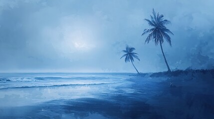 Serene blue beach scene with palm trees and gentle waves creating a tranquil atmosphere