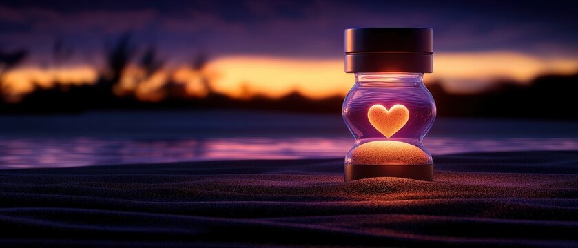 A glowing hourglass with a heart symbol at sunset, symbolizing love and the passage of time.