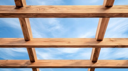 Wooden pergola roof structure against a partly cloudy sky.  Possible use for interior design inspiration or architecture showcase