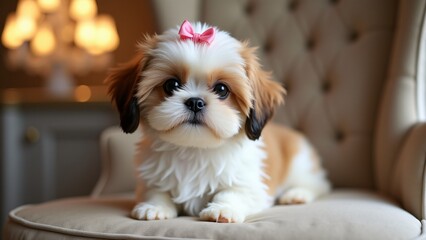 A fluffy Shih Tzu puppy with a silky coat sits gracefully on a cushion, its pink bow neatly tied. Its big, curious eyes shine under the soft glow of a chandelier.