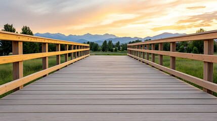 Fototapeta premium Wooden walkway bridge at sunset over meadow leading to mountains. Possible use Stock photo for nature, travel, or inspirational themes