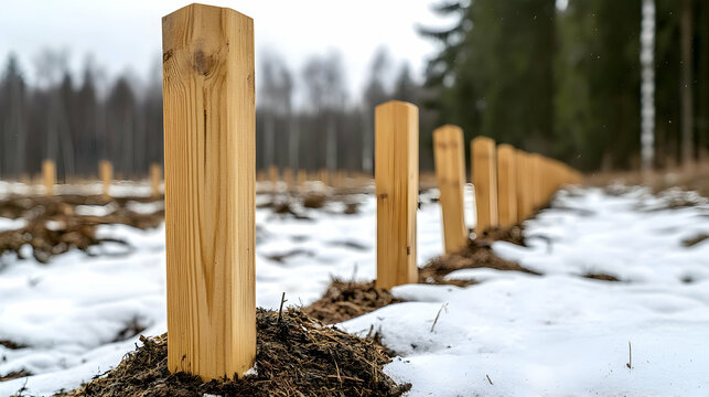 Wooden stakes marking tree planting rows in snowy forest