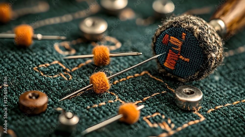 Aufkleber Close up macro shot of a variety of colorful pins and needles securely holding and fixing fabric in for stitching embroidery and sewing work in a textile workshop or sewing room