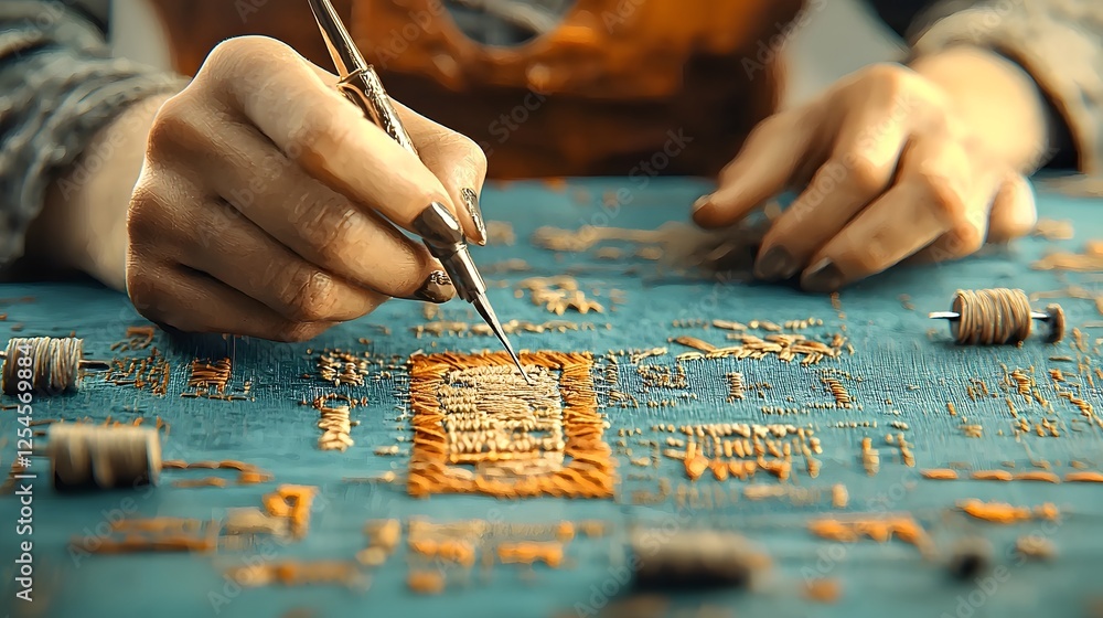 Poster close up of a seamstress s hands carefully stitching intricate embroidery patterns on a vibrant fabr
