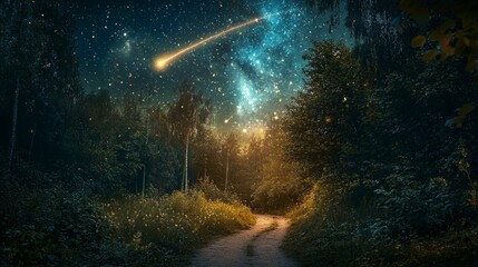 Fototapeta premium Enchanted Forest Path Under Starry Night Sky with Shooting Star