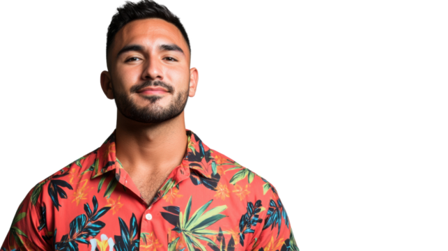 Handsome young man wearing hawaiian shirt smiling on transparent background - Powered by Adobe