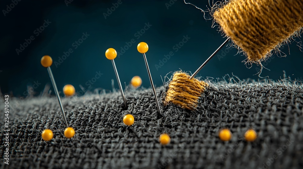 Poster Close up of an array of shiny sharp pins and needles securely holding fabric in place ready for intricate stitching and sewing