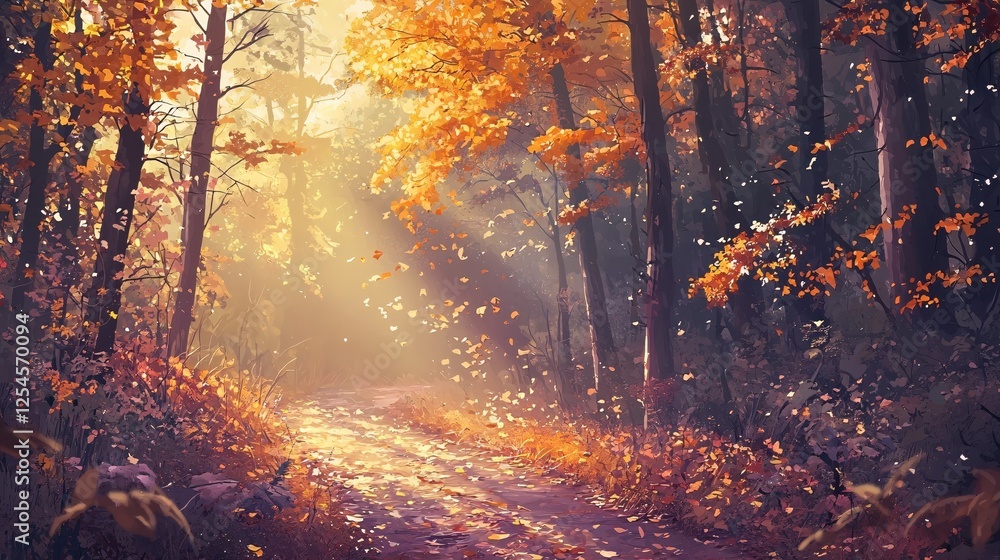 Poster enchanting autumn forest path with falling leaves and warm sunlight creating a serene landscape