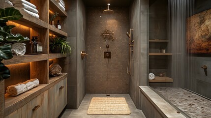Fototapeta premium Spacious walk in shower featuring mocha mousse walls brass shower fixtures and wooden shelving