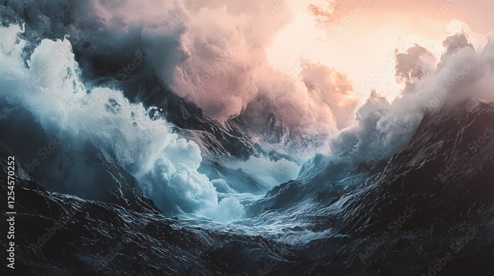 Poster Dramatic ocean storm with crashing waves and turbulent clouds in a surreal landscape