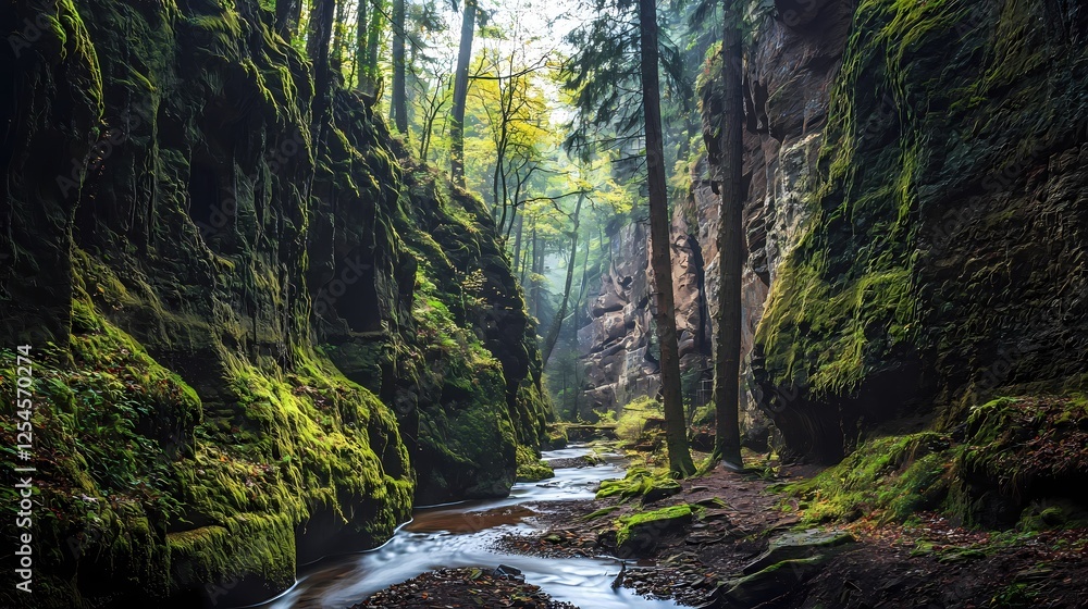 Poster serene canyon stream flows through vibrant mossy rocks and lush trees in a tranquil forest