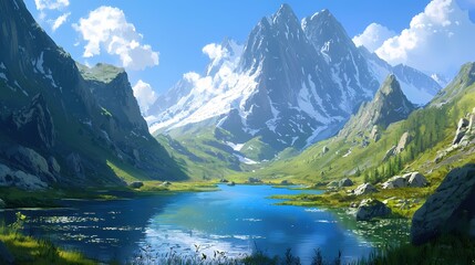 Serene mountain lake landscape with snow capped peaks and lush green valley under blue sky
