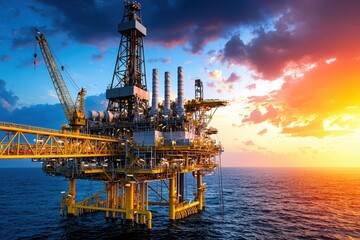 Obraz premium Offshore Oil Rig at Sunset with Dramatic Sky and Ocean Waves Energy Production Platform