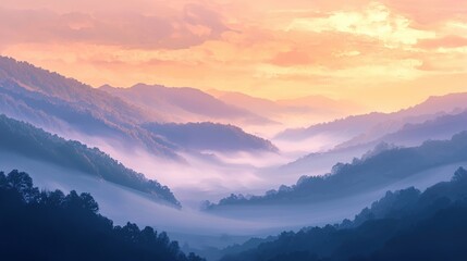 Fototapeta premium Ethereal mountain vista with soft pastel colors and misty valleys at sunrise or sunset