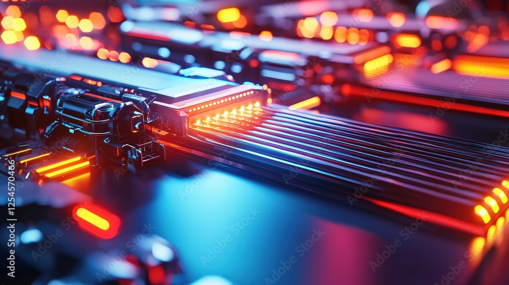 Aufkleber Futuristic circuit board with glowing lights and metallic elements in a vibrant digital space