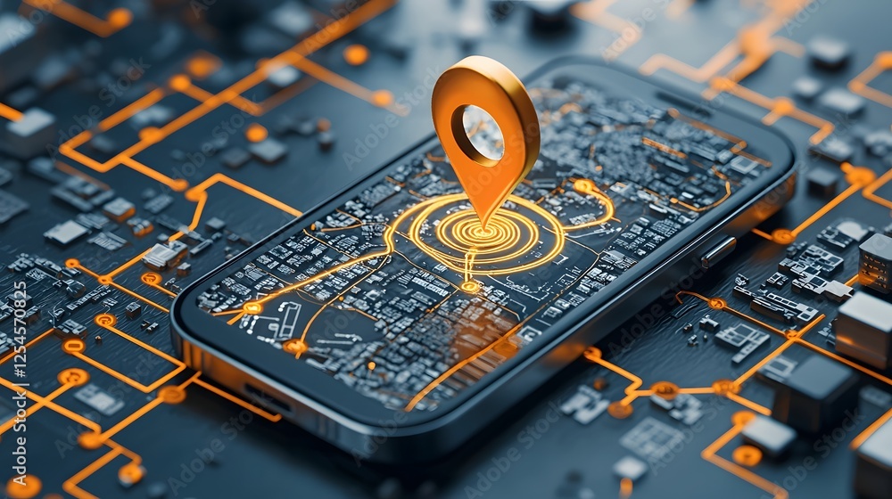 Poster Close up view of a modern digital GPS device or smartphone app displaying a detailed city map with a highlighted navigation route