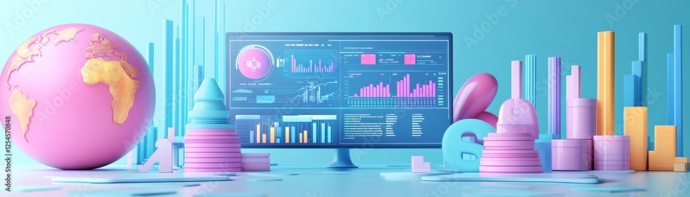 Poster a vibrant digital workspace featuring a globe, bar charts, and a screen displaying colorful data vis