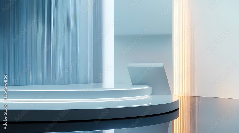 Poster minimalist studio podium with soft blue tones and elegant lighting for product display