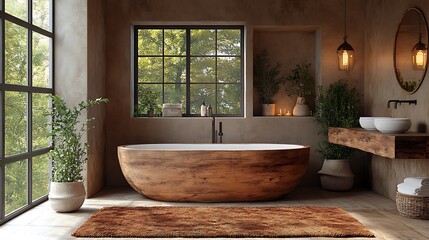 Fototapeta premium Aesthetic bathroom featuring farmhouse elements wooden textures and soft mocha mousse colored walls