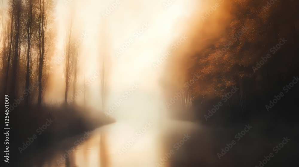 Poster ethereal autumn landscape with golden light filtering through trees and reflecting on water