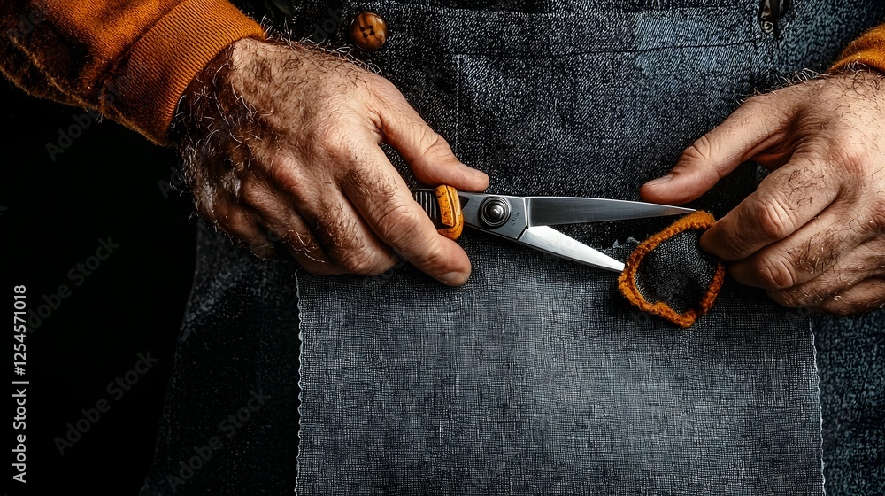 Poster Close up view of a pair of sharp professional tailoring scissors cutting through a vibrant fabric pattern showcasing the precision and expertise required in textile and clothing design