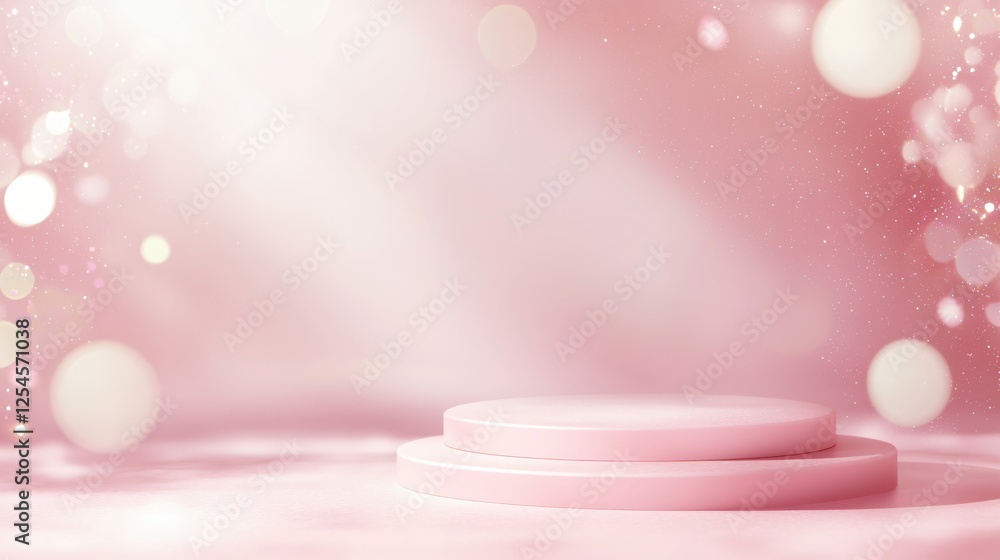 Poster elegant pink podium display with bokeh lights for product showcase and cosmetic presentation