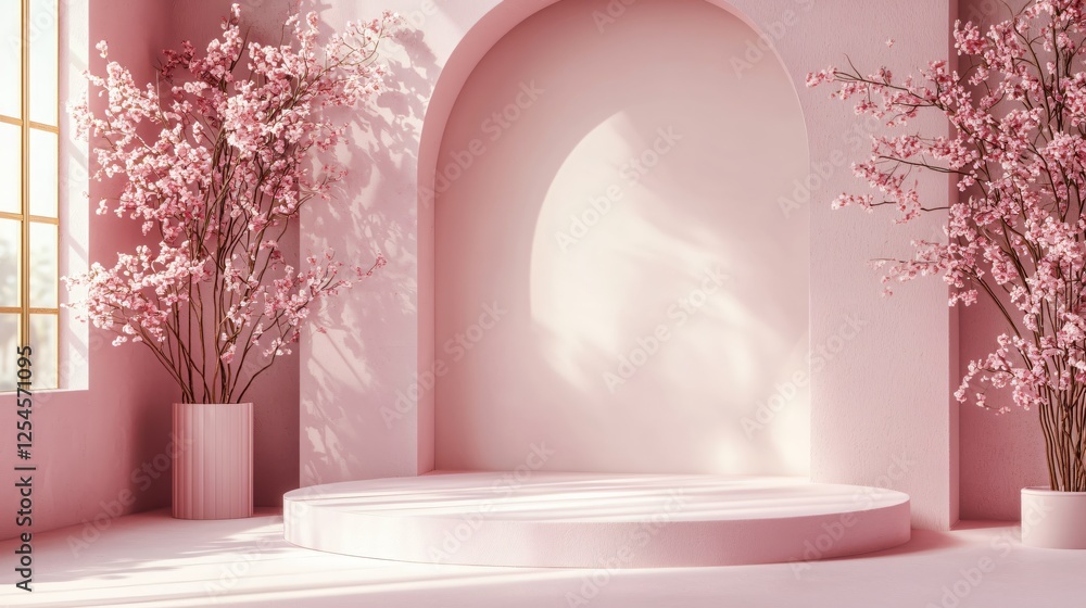 Poster elegant pink studio with cherry blossom trees and soft light creating a serene atmosphere