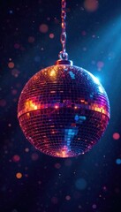 Glittering disco ball suspended from high ceiling, stars, reflected, disco