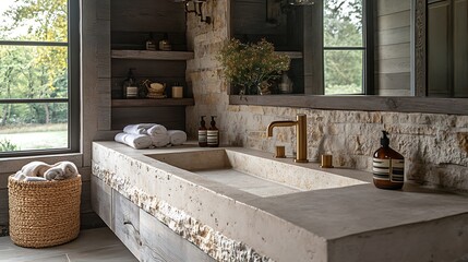 Rustic elegance in a bathroom with a stone sink brass faucets and mocha mousse toned walls