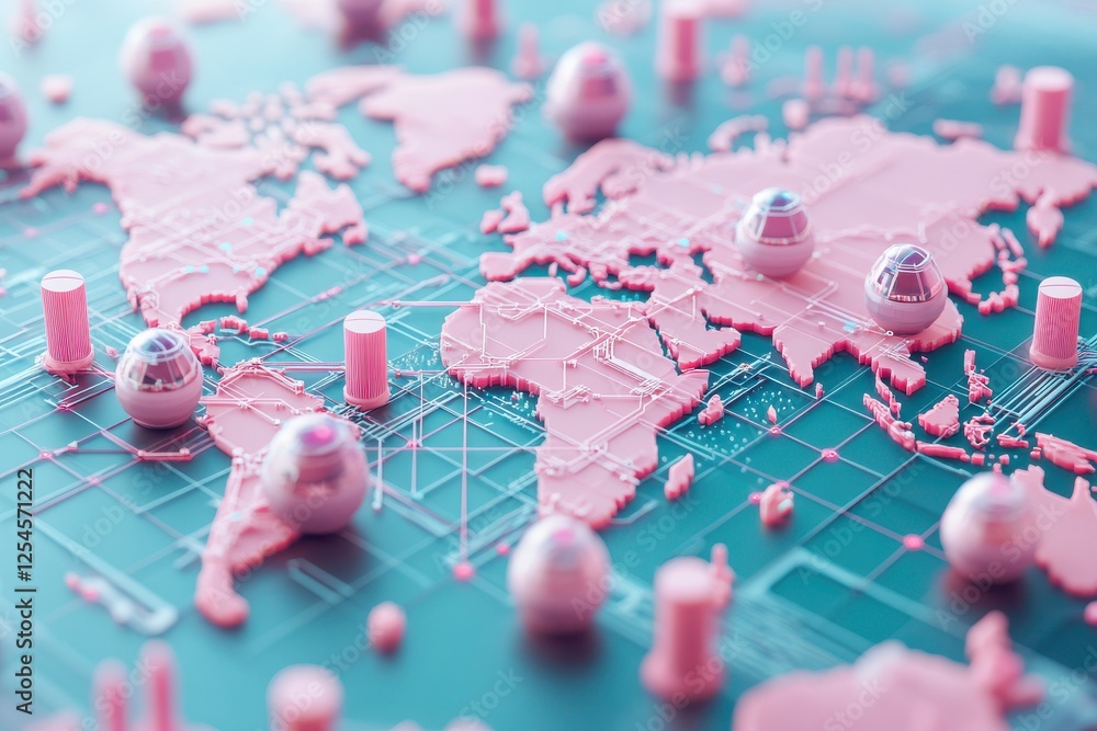 Poster a vibrant, pink world map with 3d elements depicting various locations, highlighting global connecti