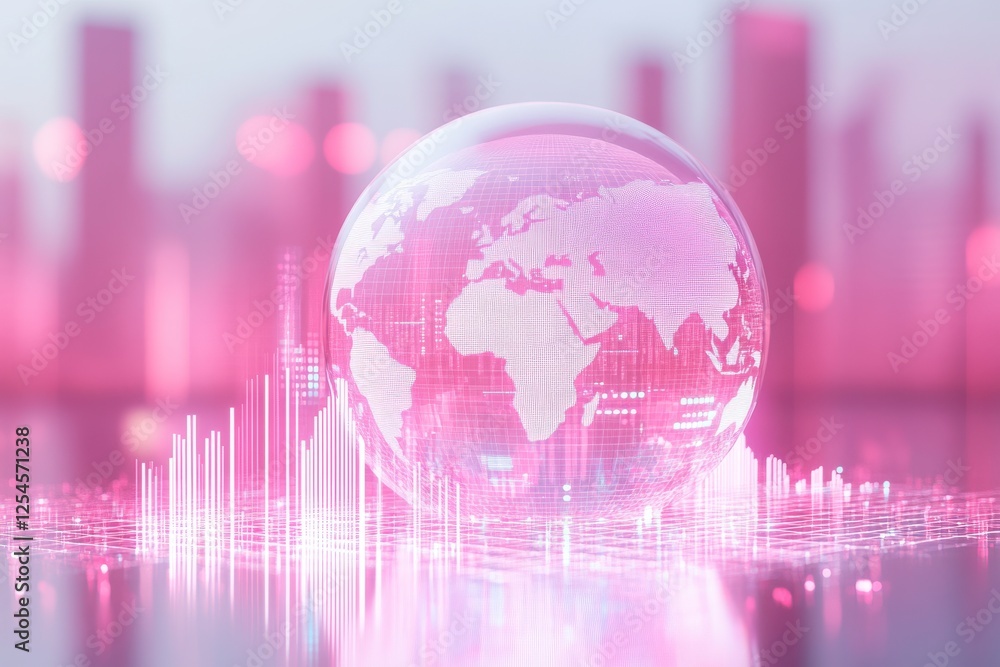 Poster a futuristic digital globe with a pink hue, surrounded by data visualizations, representing global c