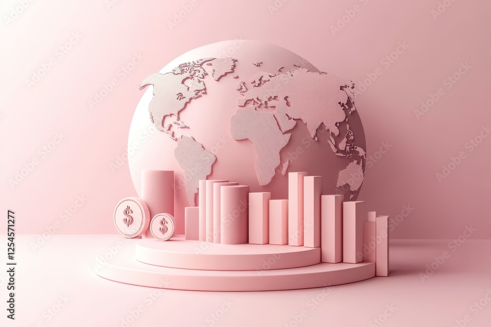 Poster a stylized pink globe with bar graphs and currency symbols, symbolizing global finance and data visu