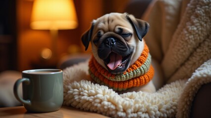 A sleepy Pug puppy yawns adorably, wrapped in a multicolored scarf while resting on a soft cushion. Warm lamplight and cozy surroundings enhance the peaceful moment.