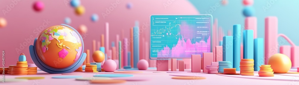 Poster a colorful, abstract representation of data visualization featuring a globe, charts, and geometric s