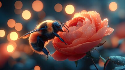 A vibrant bumblebee pollinates a dew-kissed rose in a dreamy garden illuminated by soft bokeh lights