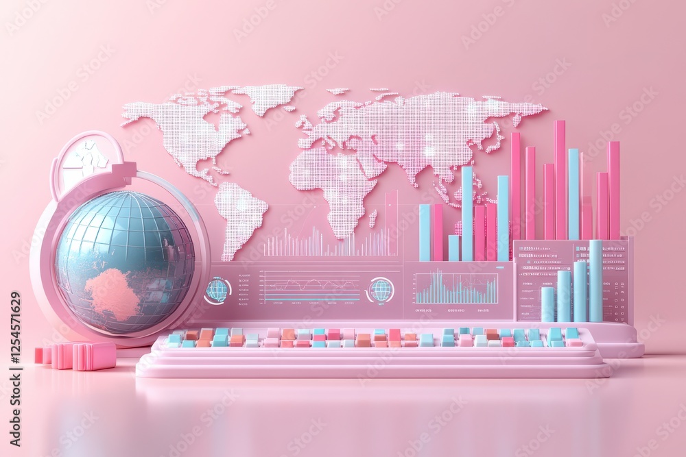 Aufkleber a vibrant, modern design featuring a globe and colorful bar graphs against a pink background, symbol