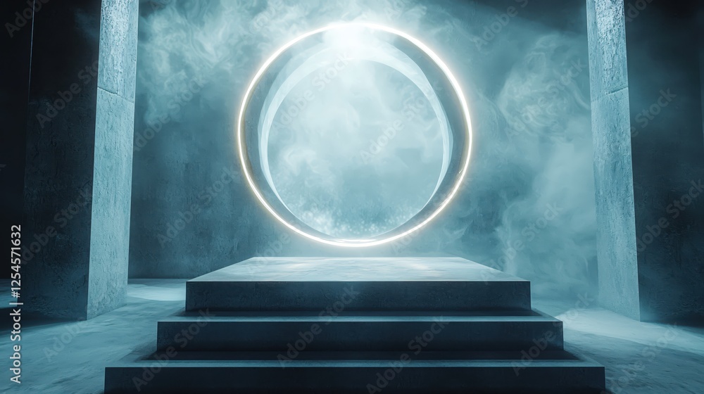 Poster Concrete platform with glowing portal in misty space illuminated by soft light creating mystery