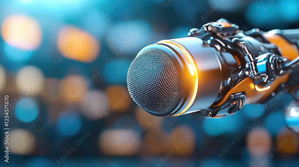 Poster sleek and high tech media event setup featuring a modern microphone for professional audio productio