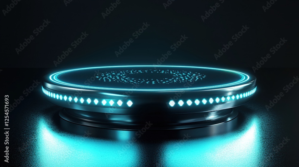 Poster futuristic platform with neon blue lights on dark surface for product display and showcase