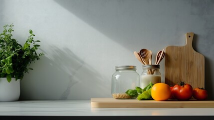 Sustainability at home, eco-friendly and minimalist styles : Zero-waste kitchen with glass jars, bamboo utensils, and fresh organic produce, symbolizing sustainable and minimalist living.