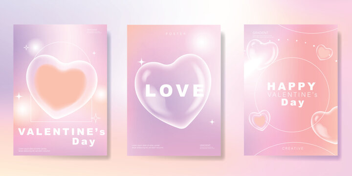 Set of Valentine’s Day greeting abstract colorful gradient card background set. Minimalist poster Modern design with hearts wallpaper design for, website, banner, ads.