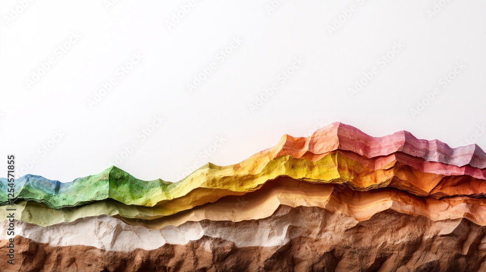 Poster colorful layers of earth tones creating an abstract mountain range against white background