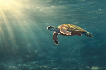 Obraz premium Green sea turtle gracefully gliding through sunlit underwater scene in a tranquil ocean environment