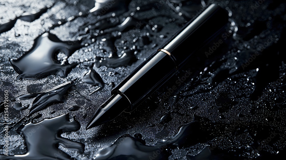 Aufkleber elegant black fountain pen rests on a dark wet surface creating a moody and artistic scene